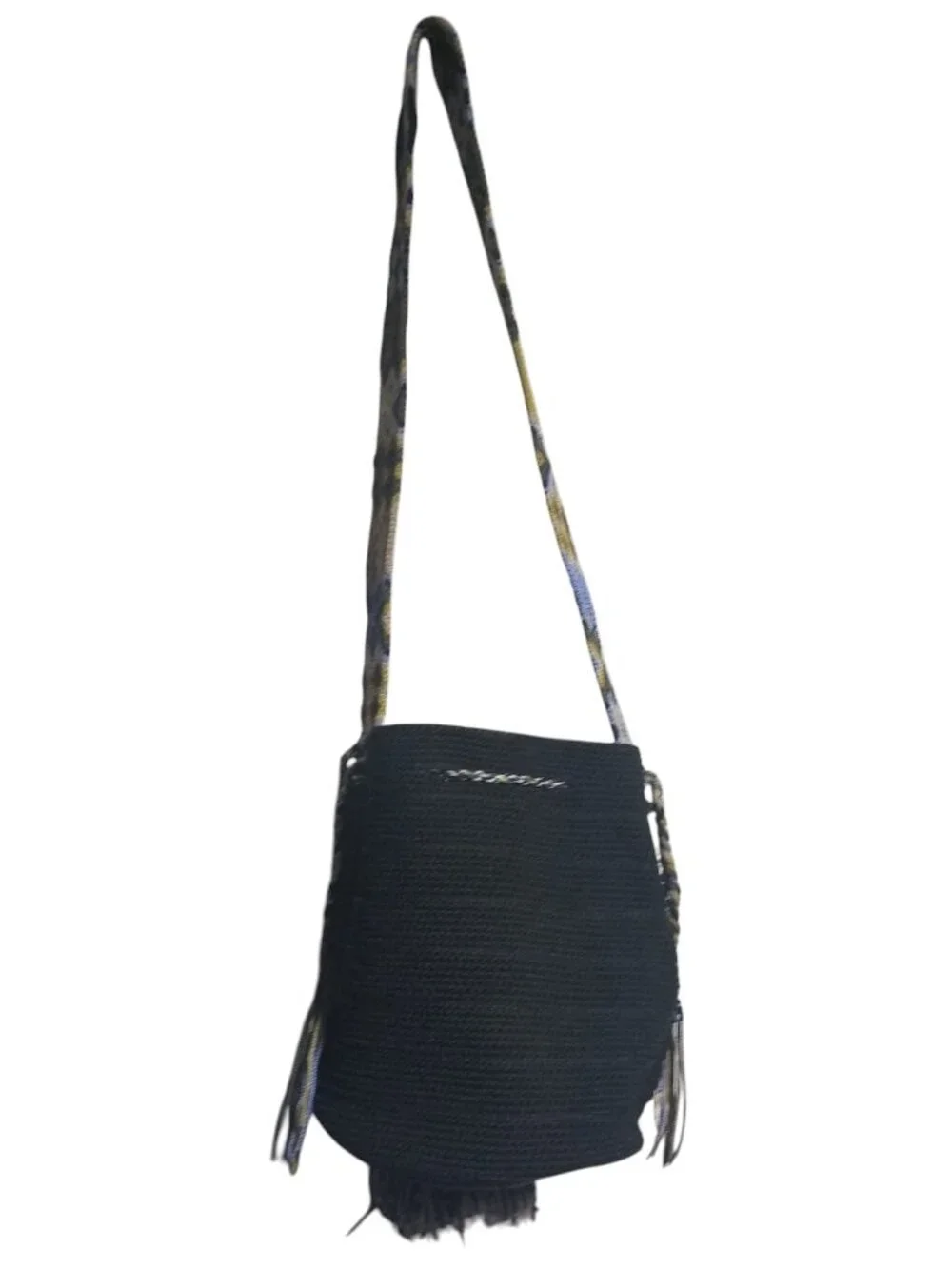 Handmade Women's Black Crochet Wayuu Mochila Boho Bohemian Bucket Bag
